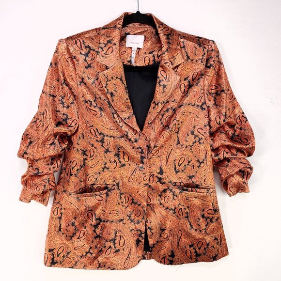 Cinq a Sept Kylie Blazer Size 2  Satin Paisley Ruched Gathered Sleeves Pockets - Picture 1 of 16
